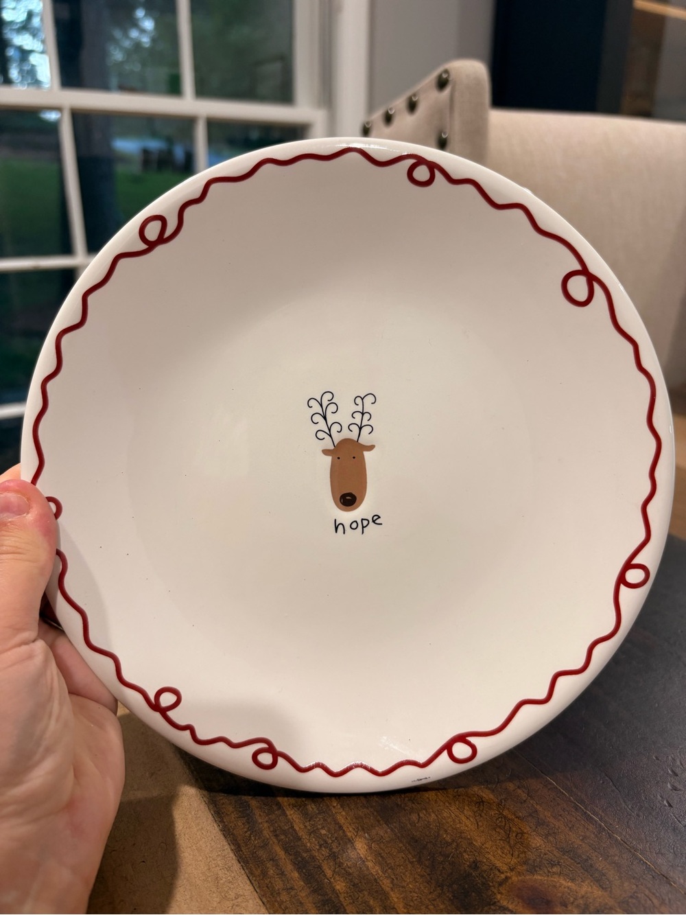 Pottery Barn White Ceramic Holiday Bowl with Red Ribbon Trim and Reindeer